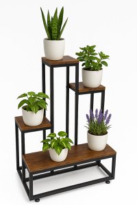 Pflanzenregal aus Metall mit Holzregalen von Naturn Living | Pflanzenetagere | Gewürzregal | Blumenregal drinnen - draußen | Pflanzenständer | Pflanzensäule | Mattschwarze Kopie