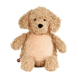Soft, plush labradoodle stuffed animal with a friendly, cuddly appearance.