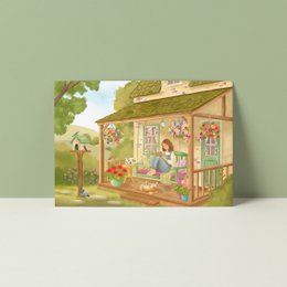  Whimsical postcard with a child climbing a ladder to reach the moon, surrounded by stars and clouds. Suitable for sending to loved ones.