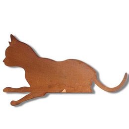 A metal cat decoration figurine in a patina finish, suitable for garden or outdoor use. The cat figure has a simple, stylized shape and appears to be made of a rust-colored metal material.