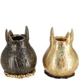  Poly candle holder Amaryllis, round bulbous shape, pointed ears, metallic gold and dark gray finish, 7cm diameter, 10cm height