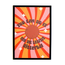 Vibrant orange and red poster with a sun-like graphic design, available in three sizes.