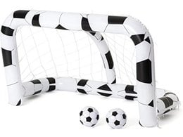 Inflatable soccer goal, 213x117cm, for kids' outdoor play. Features black and white striped design, includes 2 soccer balls.