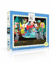 Colorful puzzle featuring a carnival scene with various animal characters. Includes details like round shapes, different materials, and text on the puzzle pieces.