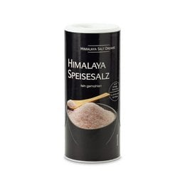 Himalayan pink salt in a black canister, approximately 200g. The salt has a fine, granular texture and is suitable for use as a table salt or in cooking.