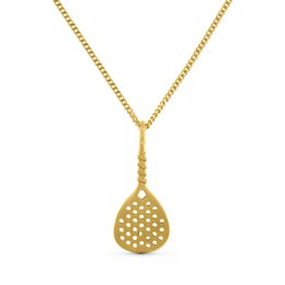 "Gold-toned necklace with Amsterdam charm and satellite pendant. Suitable for casual or formal wear."

The product image shows a gold-toned necklace with two pendants - a charm in the shape of the word "Amsterdam" and a smaller satellite-shaped pendant. The necklace appears to be made of a chain with a classic link design. This necklace would be suitable for casual or formal wear, and the combination of the Amsterdam charm and satellite pendant adds an interesting and unique style element.