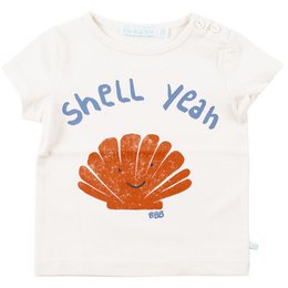  A white t-shirt with an orange seashell graphic and the text "Shell Yeah" printed on it. The t-shirt is part of a kids' clothing collection.