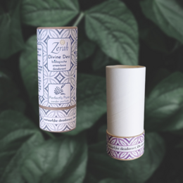 A natural deodorant stick with a minimalist design, available in various scents like grapefruit, lavender, and sandalwood-bergamot. The product is made with natural ingredients and is suitable for all skin types.