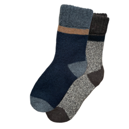 Warm, cozy socks made from a blend of alpaca and cotton, featuring a striped pattern in shades of blue and gray.