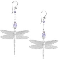 Rhodium plated dragonfly earrings with Tanzanite crystals