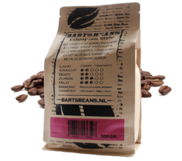 Dark roasted whole coffee beans in a 250 gram or 500 gram package. Ethopian style coffee with a rich, bold flavor.