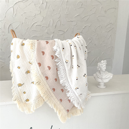 Soft, patterned muslin baby blanket in various designs including moon and stars, lemon, cherry, leopard, floral, teepee, rainbow, autumn, summer, and winter motifs.