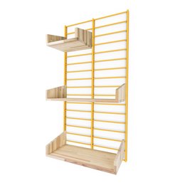 A tall, wooden shelving unit with multiple shelves and a yellow frame. The shelves are made of natural wood and can be used to store various items in a bathroom or other room.