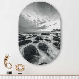 Oval wall art Nordic sea landscape aluminum frame black white coastal rocks waves