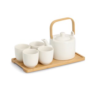 Tea set, 6 pieces. Stoneware/bamboo, white FSC 100%