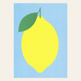 A bright yellow lemon with a green leaf against a light blue background. This postcard features a simple, minimalist design that would be suitable for a variety of uses, such as greeting cards, invitations, or home decor.