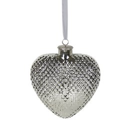 Silver heart-shaped decorative ornament with a textured, diamond-patterned surface. Suitable for hanging on a tree or display.