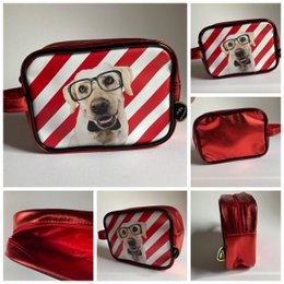  Red white striped toiletry bag with labrador dog wearing glasses, metallic red lining