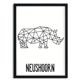 A geometric black and white poster featuring a rhinoceros silhouette. The poster is titled "Neushoorn", which is Dutch for "rhinoceros". The poster has a minimalist, modern design with a polygon-based rhinoceros shape.