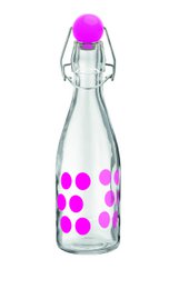  A clear glass water bottle with a pink polka dot design and a pink cap.