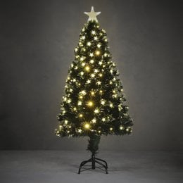 Tall, green artificial Christmas tree with fiber optic LED lights and a star topper, measuring 150 cm in height and 65 cm in diameter.