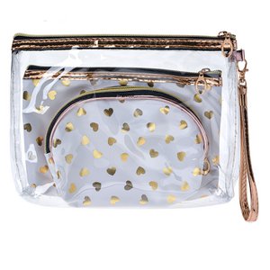 Toiletry Bag Women Set of 3 23x17 / 20x13 / 18x12 cm White Gold-colored Polyester Hearts