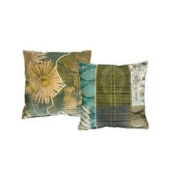 Decorative throw pillow with nature-inspired patterns in shades of green, yellow, and blue. Features a large floral motif, leaf patterns, and abstract geometric designs. Suitable for use in living rooms, bedrooms, or outdoor spaces.