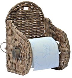 Woven wicker toilet paper holder with a curved back and open design for storing toilet paper rolls.