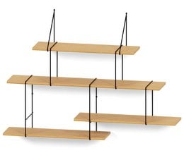 A modern, minimalist shelving unit with two oak and black metal shelves. The shelves are rectangular in shape and provide ample storage space for books, decor, and other household items.