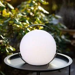 Round, white LED ball light with metal stand, suitable for outdoor use.