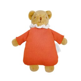 Soft, plush bear-shaped comforter in coral color with rattle feature, made of organic cotton.