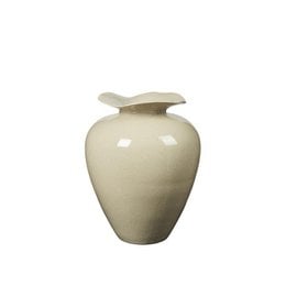Beige ceramic vase with rounded bulbous shape, glossy finish, decorative lid, large tall vessel