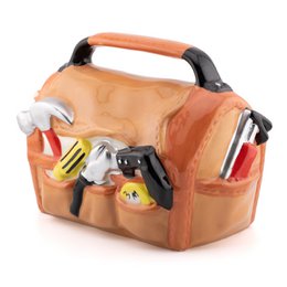  Orange toolbag shaped piggy bank with black handles and tool compartments