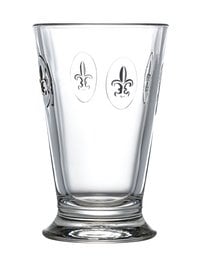Set of 6 clear glass longdrink glasses with fleur-de-lis design. Glasses have a tall, cylindrical shape and are suitable for serving cocktails, juices, or other beverages.