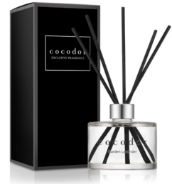 A black reed diffuser with a variety of scents including rose perfume, black cherry, white musk, lovely peony, pure cotton, garden lavender, april breeze, and deep musk. The diffuser comes in 200ml and 120ml sizes.