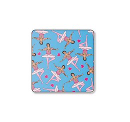 Colorful coaster with dancing ballerina figures in various poses on a light blue background.