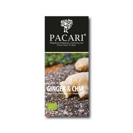 Dark chocolate bar with ginger and chia seeds, organic and fair trade.