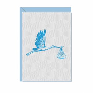 Folded card up, STORK WITH BABY, blue