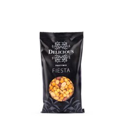 Fiesta mix - Party mix, a bag of savory and crunchy corn-based snack mix with a variety of flavors and shapes, including round and irregular pieces.