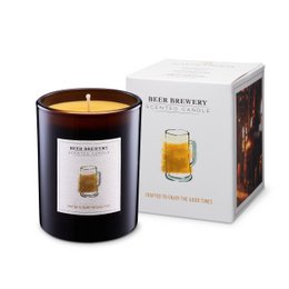  Black cylindrical scented candle with beer brewery label, amber glass design, warm golden flame, luxury gift candle.