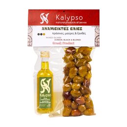 Mixed olives and Greek olive oil, 50 ml. Olives in a variety of colors, including green, brown, and black. Accompanied by a bottle of Greek olive oil.