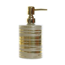 Glass soap dispenser with abstract khaki and gold striped design.