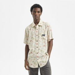  Cream beige casual short sleeve shirt with tropical palm tree, surfboard, and beach print pattern for men.