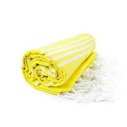 A large, yellow and white striped Hamam towel with a soft, plush texture. The towel is rolled up and displayed on a white background, showcasing its vibrant color and size of 100 x 180cm.