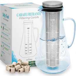  A water filtration carafe with a 1.8L capacity and a stainless steel filter. The carafe features a graduated scale and is made of premium quality materials.