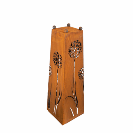 Rust-colored plant column with dandelion motif, available in various square and round shell sizes for garden decoration.