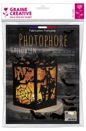 A black paper tealight holder with a Halloween-themed silhouette design, featuring bats and a haunted house. The holder is approximately 150 x 100 mm in size and is suitable for use with tealight candles.