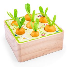 Wooden toy with carrot-shaped pieces and holes for sensory play. Includes bright orange carrots and green leaves for a realistic gardening theme.