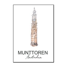 A6 card featuring an illustration of the Munttoren, a historic tower in Amsterdam, Netherlands. The card is part of the "City Icon" series and is suitable for Christmas or other occasions.