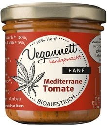 Mediterranean tomato spread with hemp, savory flavor, available in 135g and 270g jars.